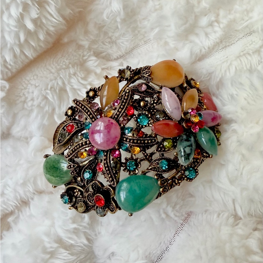 Vintage Boho Floral Statement Bracelet - Bold Gem Accents